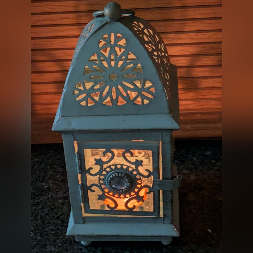 Pier 1 Cutwork Metal Votive Candle Lantern. Hanging or Tabletop. - Picture 2 of 10